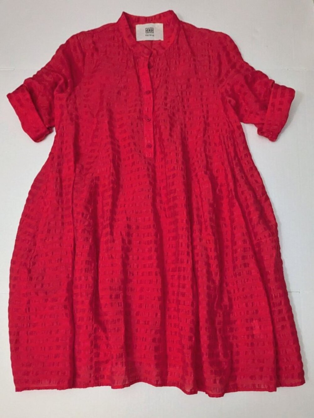 ESTEVE Italy Vibrant Red Textured Check Linen Midi Dress Roll Up Sleeve L NWOT